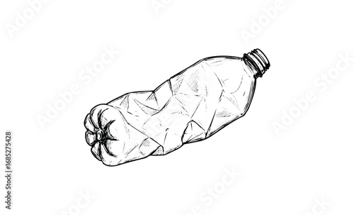 Squashed plastic bottle sketch. Vector retro hand drawn illustration