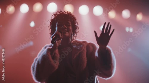 Confident Singer Microphone Stage Spotlight Performance Concert Music Stylish Fur Coat Live Female
