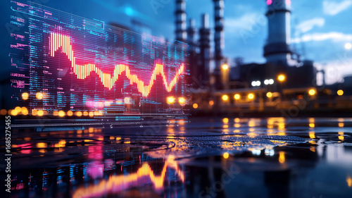 Abstract Stock Market Graph Projected on Wet City Street at Night with Industrial Plant Background