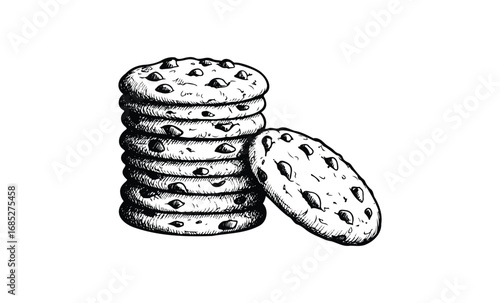 Stack of chocolate chip cookies hand-drawn in black and white. Vector retro hand drawn illustration