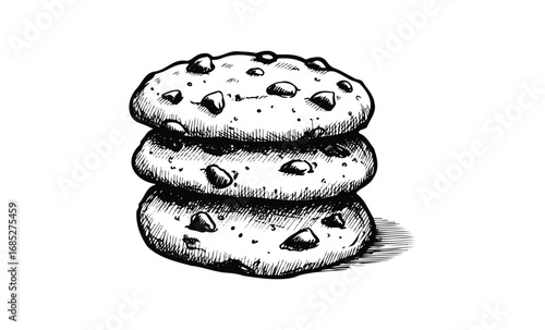 Hand-drawn stack of three chocolate chip cookies illustration. Vector retro hand drawn illustration