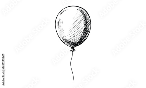 Black and white sketch of a floating balloon on a string. Vector retro hand drawn illustration