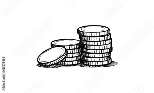 Stacked coins illustration in black and white sketch style. Vector retro hand drawn illustration
