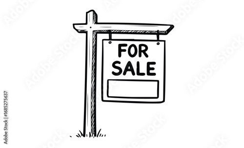Hand-drawn for sale sign on wooden post with blank space for text. Vector retro hand drawn illustration