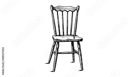 Vintage wooden chair sketch with high backrest and decorative spindles. Vector retro hand drawn illustration