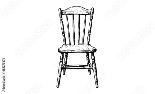 Rustic wooden chair illustration with spindle back design. Vector retro hand drawn illustration