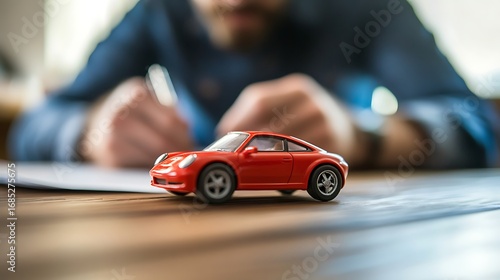 Red Toy Car on Desk with Blurred Man Writing in Background