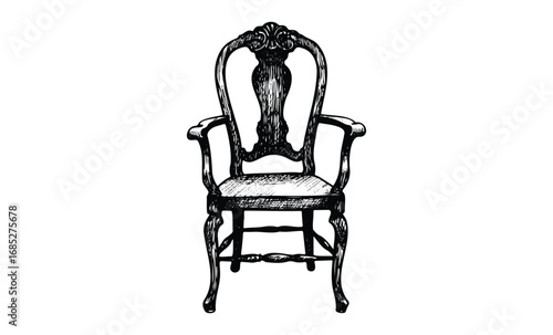 Intricately designed vintage wooden armchair with ornate carvings. Vector retro hand drawn illustration