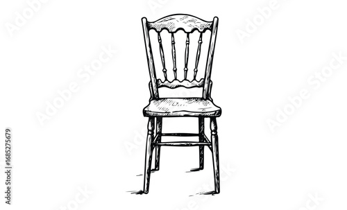 Black and white sketch of vintage wooden chair with detailed spindle backrest. Vector retro hand drawn illustration