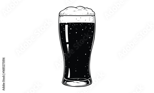 Detailed black and white illustration of a full dark beer glass with foam head. Vector retro hand drawn illustration
