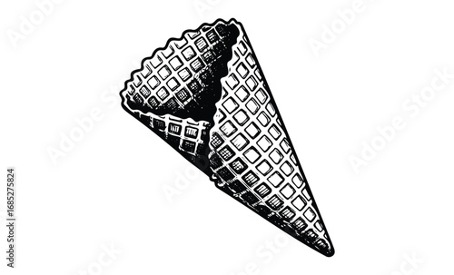 Waffle cone outline drawing with black and white details. Vector retro hand drawn illustration