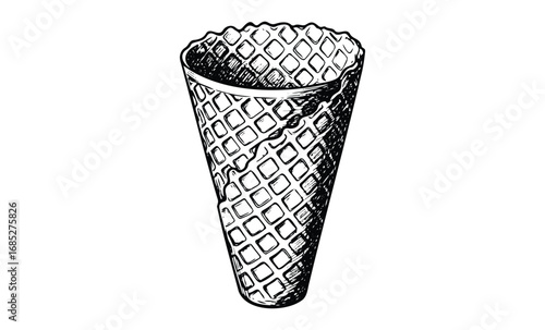 Hand-drawn empty waffle cone with detailed lattice pattern. Vector retro hand drawn illustration