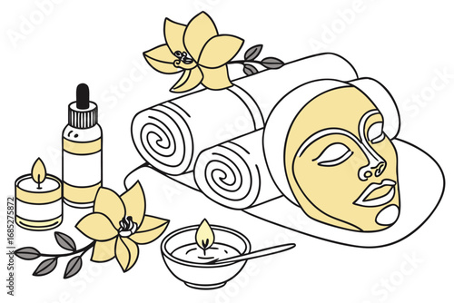 Elegant Spa Day Illustration with Facial Mask Towels Candles and Flowers Promoting Relaxation and Wellness for Beauty and Self Care Concepts