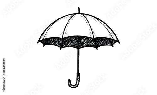 Vintage black and white umbrella drawing with curved handle. Vector retro hand drawn illustration