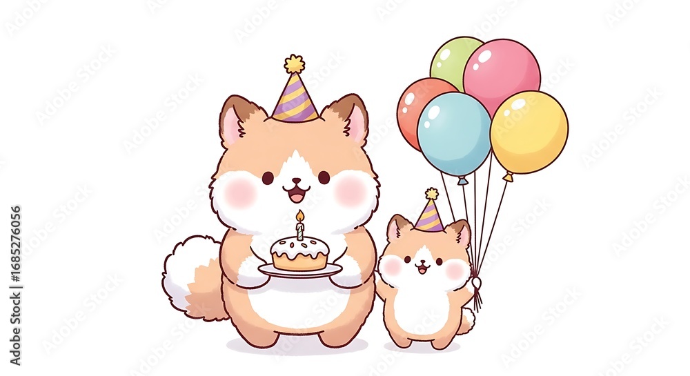 Obraz premium Cute cartoon illustration of two Shiba Inu dogs celebrating a birthday with balloons and a cake.