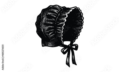 Vintage black and white bonnet with ruffled edge and ribbon bow. Vector retro hand drawn illustration