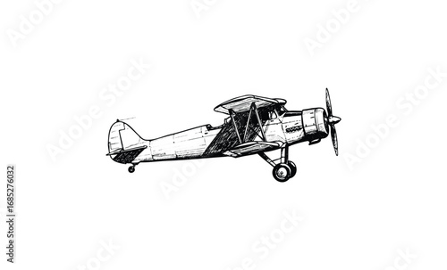 Vintage biplane sketch with detailed propeller and struts in black and white. Vector retro hand drawn illustration
