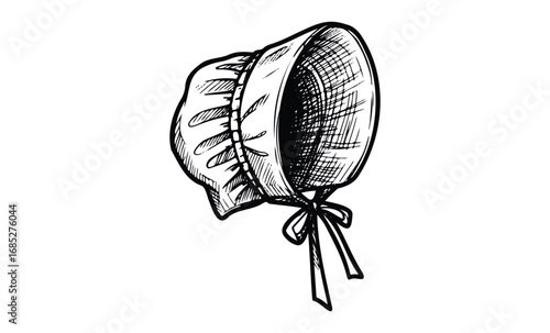 Vintage bonnet illustration with ribbon ties and ruffled edge detail. Vector retro hand drawn illustration