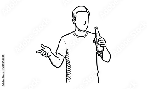 Faceless male holding beverage bottle line drawing illustration. Vector retro hand drawn illustration