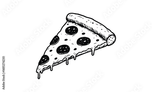Hand-drawn pizza slice with melting cheese and pepperoni toppings. Vector retro hand drawn illustration