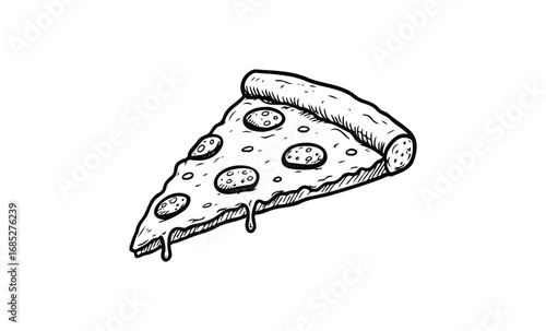 Whole pepperoni pizza slice sketch in black and white illustration. Vector retro hand drawn illustration
