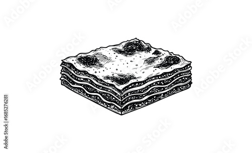 Hand-drawn lasagna illustration with layers and textured detail. Vector retro hand drawn illustration