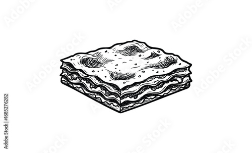 Hand-drawn lasagna illustration with detailed layers and textured topping. Vector retro hand drawn illustration