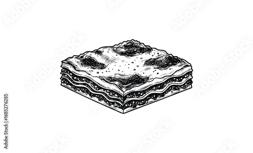 Hand-drawn lasagna illustration with layered pasta and cheese detail. Vector retro hand drawn illustration