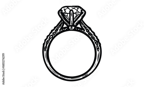 Intricate diamond ring design with vintage elements. Vector retro hand drawn illustration