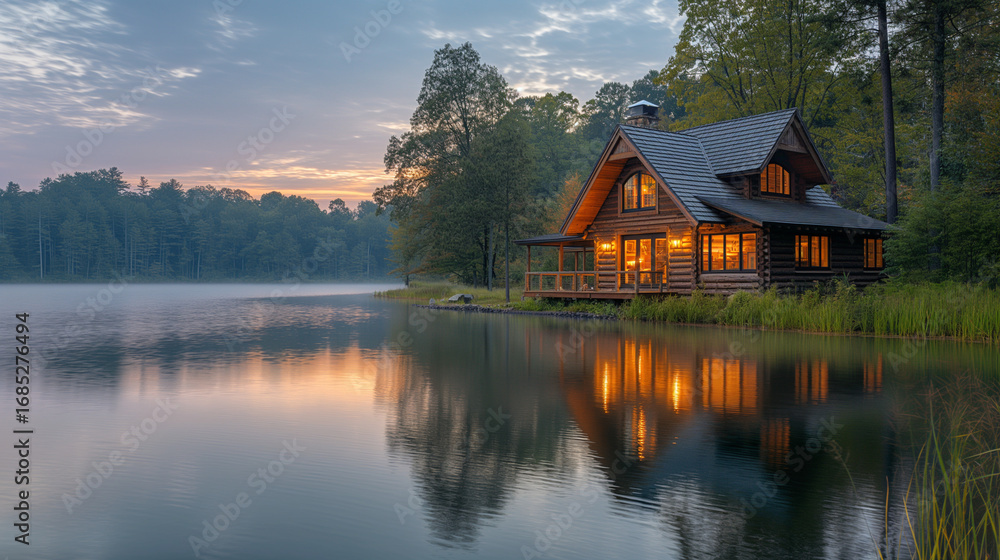 Fototapeta premium Lakeside cabin at sunset with warm lights. Cozy retreat in nature ideal for travel and lifestyle concepts.