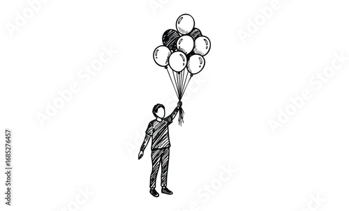 Sketch of a child holding balloons in monochrome. Vector retro hand drawn illustration
