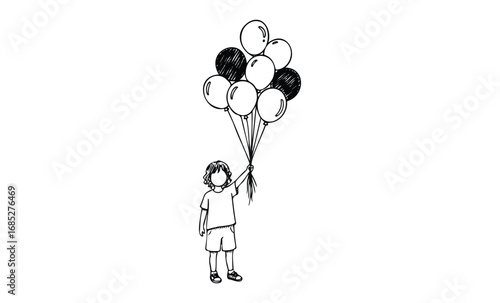 Child holding balloons illustration with a playful and whimsical design. Vector retro hand drawn illustration