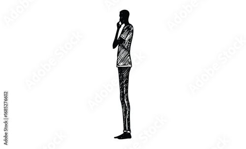 Silhouette of thoughtful male in black and white sketch style. Vector retro hand drawn illustration