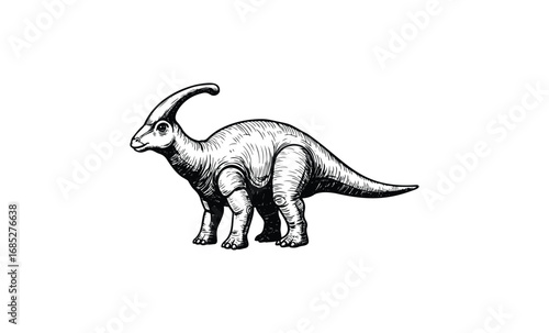 Black and white illustration of a parasaurolophus dinosaur with crest. Vector retro hand drawn illustration