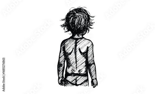 Sketch of child facing away with messy hair in ink drawing style. Vector retro hand drawn illustration