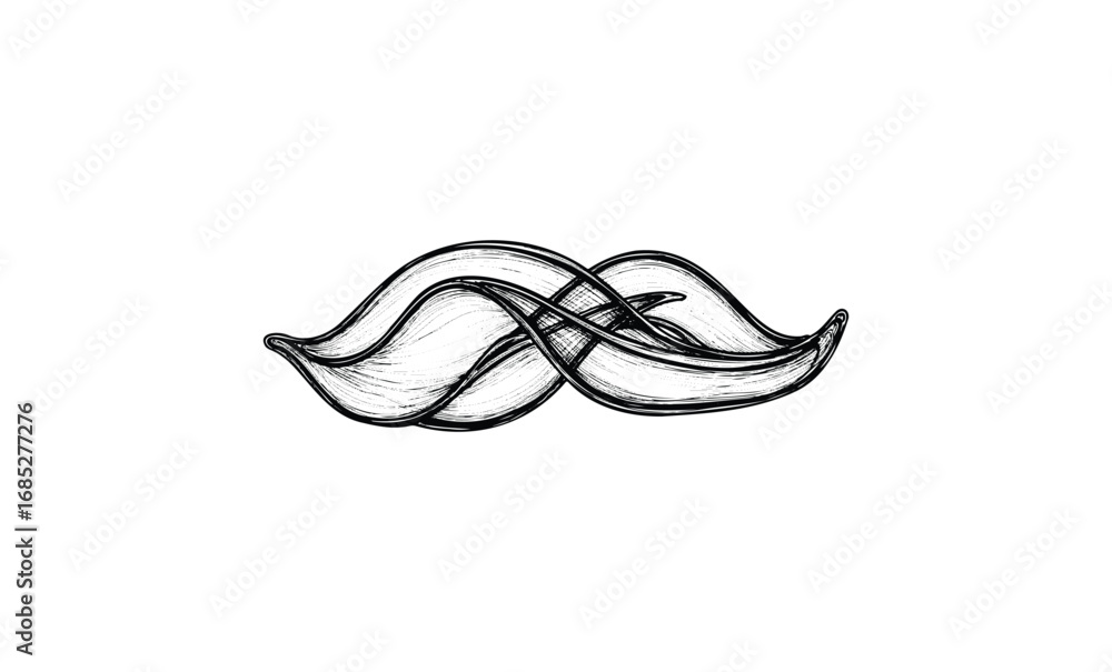 Naklejka premium Black and white hand-drawn curved mustache illustration with intricate details. Vector retro hand drawn illustration
