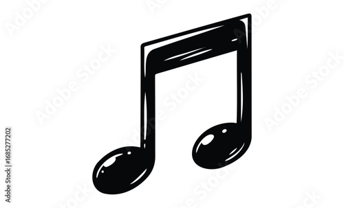 Black musical note icon on white background: simple minimalist design. Vector retro hand drawn illustration