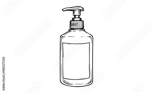 Detailed black and white line drawing of a soap dispenser bottle with pump nozzle. Vector retro hand drawn illustration