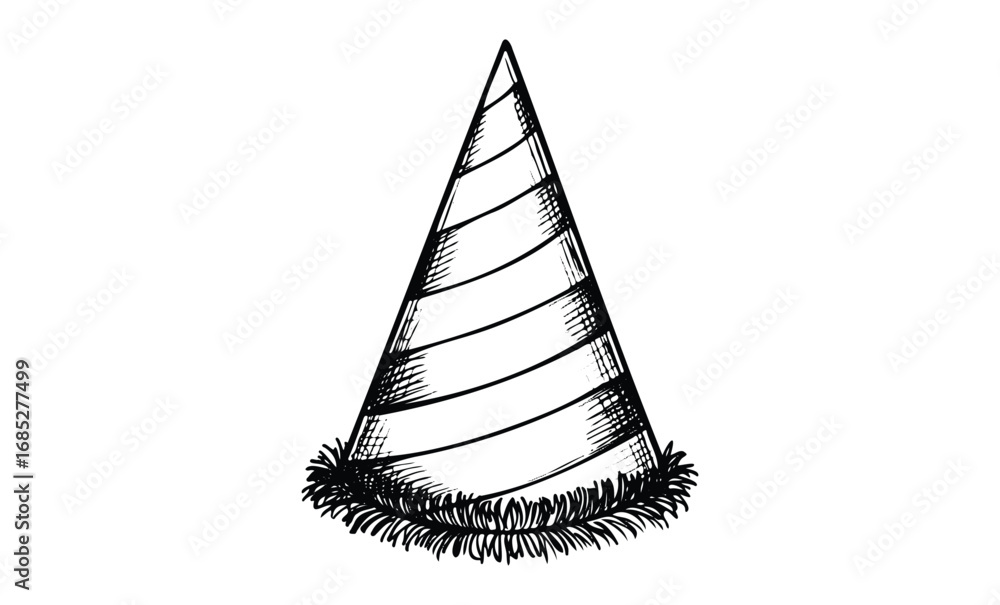 Fototapeta premium Black and white striped party hat illustration. Vector retro hand drawn illustration