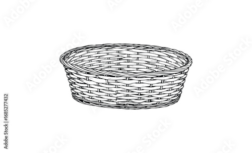 Detailed hand-drawn woven basket sketch in black and white. Vector retro hand drawn illustration
