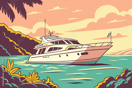 Luxury yacht cruising on tropical waters with palm trees and soft sunset creating a sense of adventure and relaxation for a perfect island getaway