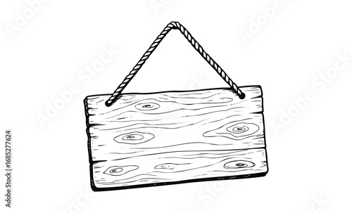 Blank wooden signboard with rope hanging. Vector retro hand drawn illustration