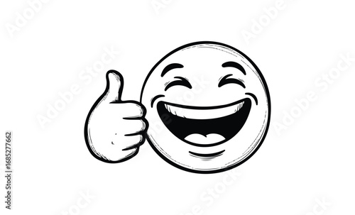Laughing emoji with thumbs up gesture in black and white line art. Vector retro hand drawn illustration
