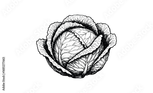 Intricate black and white cabbage sketch with detailed leaves. Vector retro hand drawn illustration