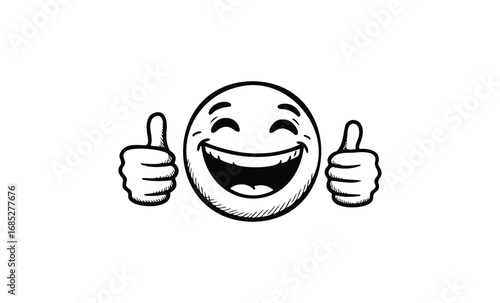 Smiling emoji with thumbs up gesture in black and white. Vector retro hand drawn illustration