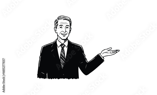 Smiling young caucasian male in suit gesturing with hand illustration. Vector retro hand drawn illustration