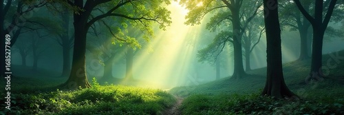 Misty morning in a lush forest, sunlight filtering through the dense canopy, creating a mystical and serene atmosphere Breathe in the fresh, clean air and feel the tranquility , nature, wilderness