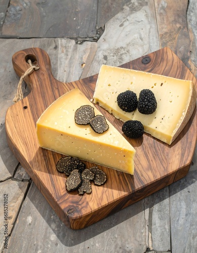 Two cheese wedges, truffle slices, and whole truffles on a wooden board