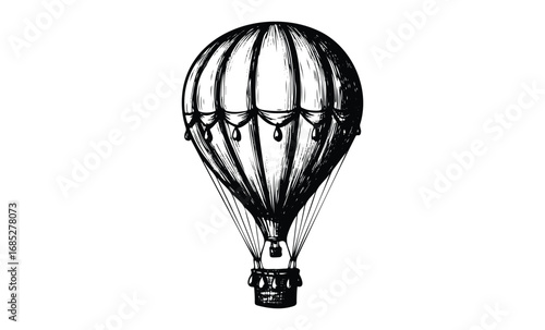 Vintage hot air balloon line art illustration with detailed design elements. Vector retro hand drawn illustration
