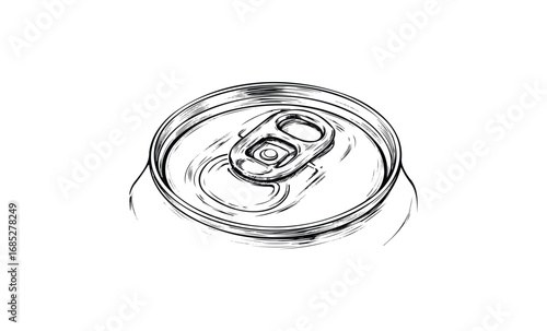 Black and white sketch of a soda can from above. Vector retro hand drawn illustration